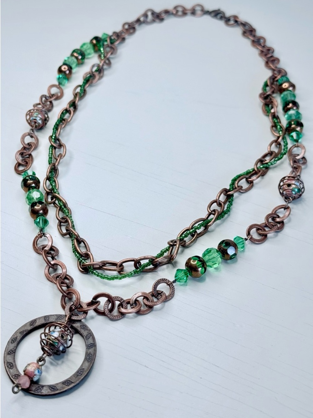 Multi-Strand Green Glass and Cloisonné Necklace #77